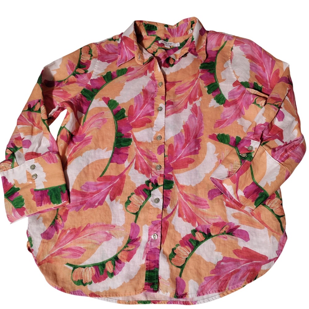 Chicos 100% Linen Tropical Leaf Print Button Down Shirt Pink Orange SZ 1 (US 8)
